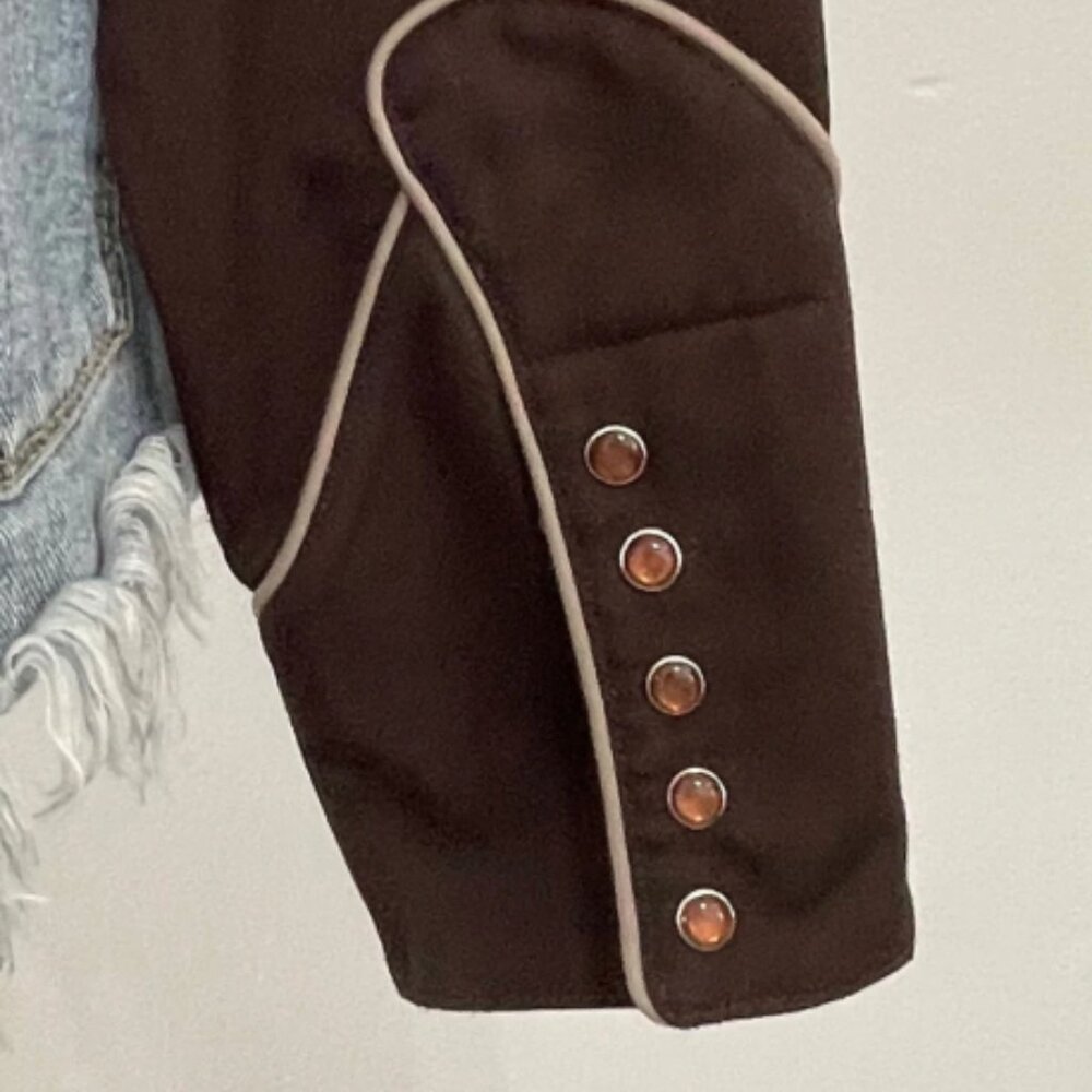 VINTAGE 1980s Roper Dark Brown Taupe Embroidery Amber Pearl Snaps Size M - Picture 3 of 7
